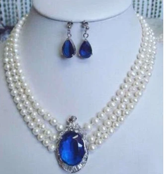 

Beautiful 3 rows white pearl stone pendant necklace earrings Set