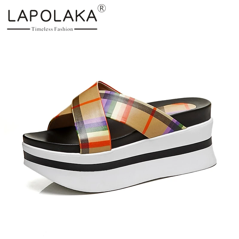 

Lapolaka 2019 New Fashion Mixed Color Flat Platform Slippers Women Summer Genuine Leather Slippers Women Casual Shoes Woman
