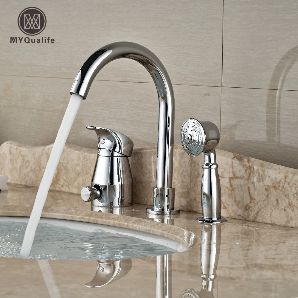 Chrome Finish Brass Bathtub Sink Faucet Deck Mount Bath Shower Mixer