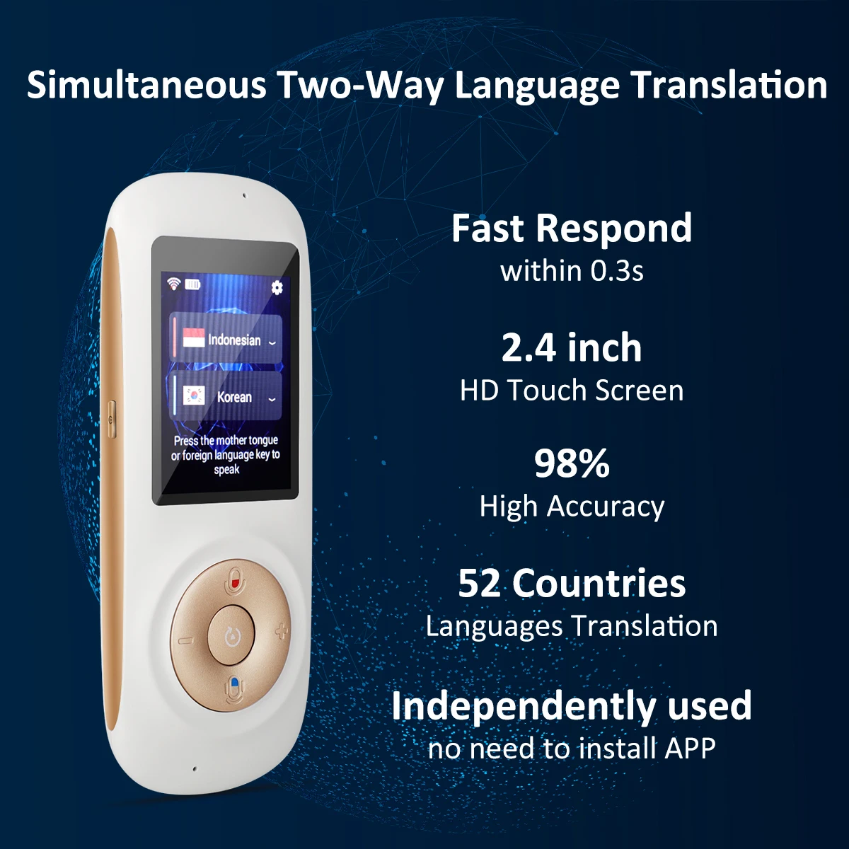 

Portable Smart Voice Two Way Translator 2.4 inches Screen 40 Multilingual Speech translator Real Time WIFI Pocket Interpreter