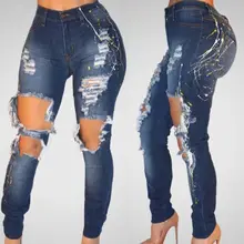 Plus Size Fashion Women Stylish Denim Skinny Casual Pencil Jeans Pants High Waist Hole Destroyed Print Slim Jeans Trousers New
