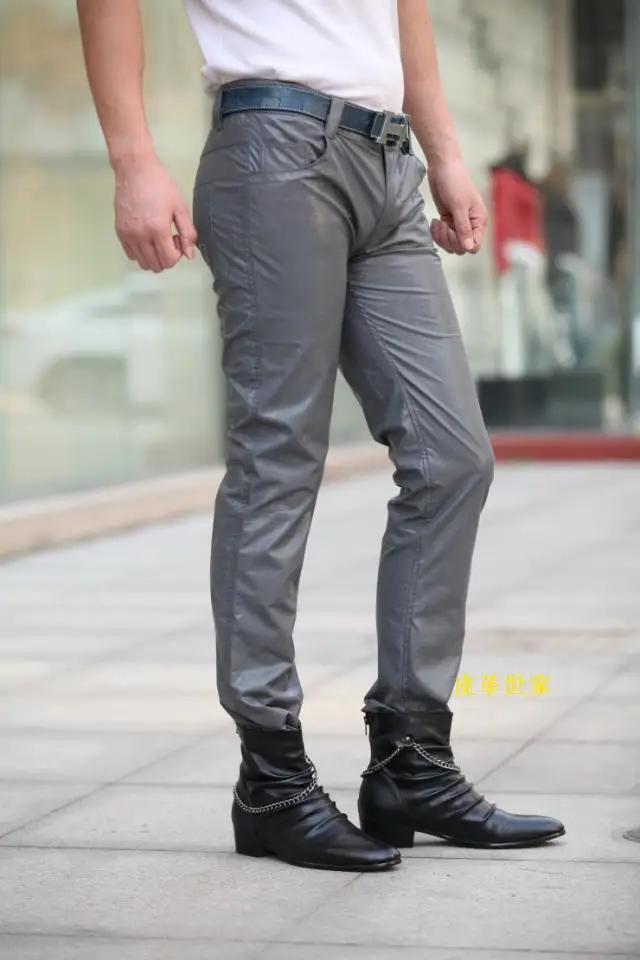 29 39 ! Men's new casual clothing slim smoky grey slim leather pants
