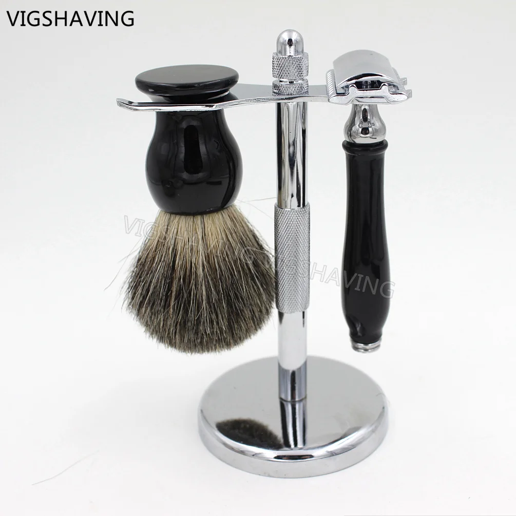 Double edge Safety razor and Grey Pure Badger shaving brush set on