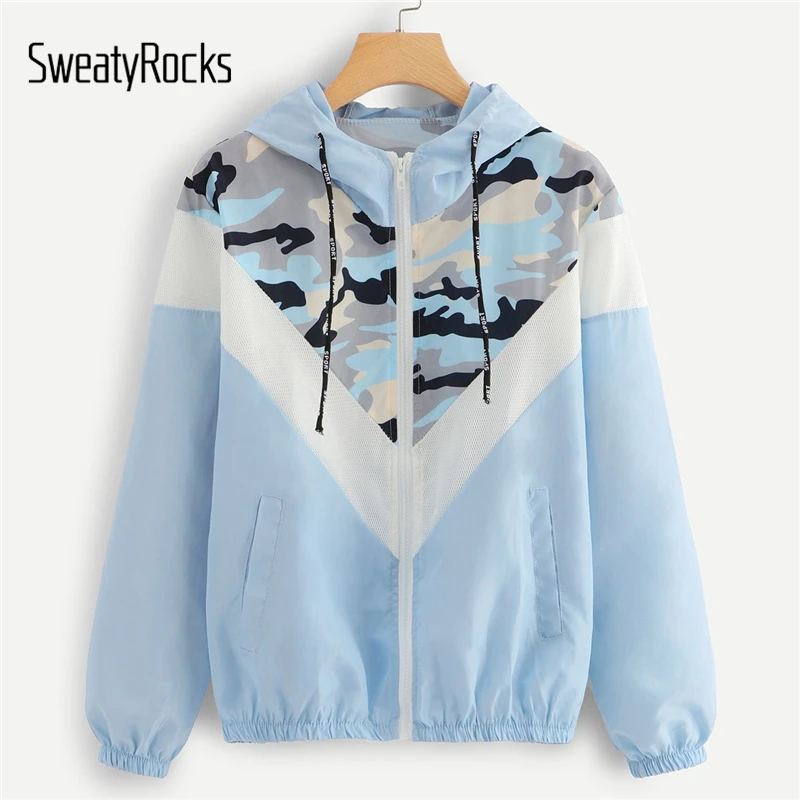 

SweatyRocks Blue Mesh Panel Camo Print Hooded Jacket Activewear Drawstring Zip Up Hoodie Jacket 2018 Women Autumn Casual Tops