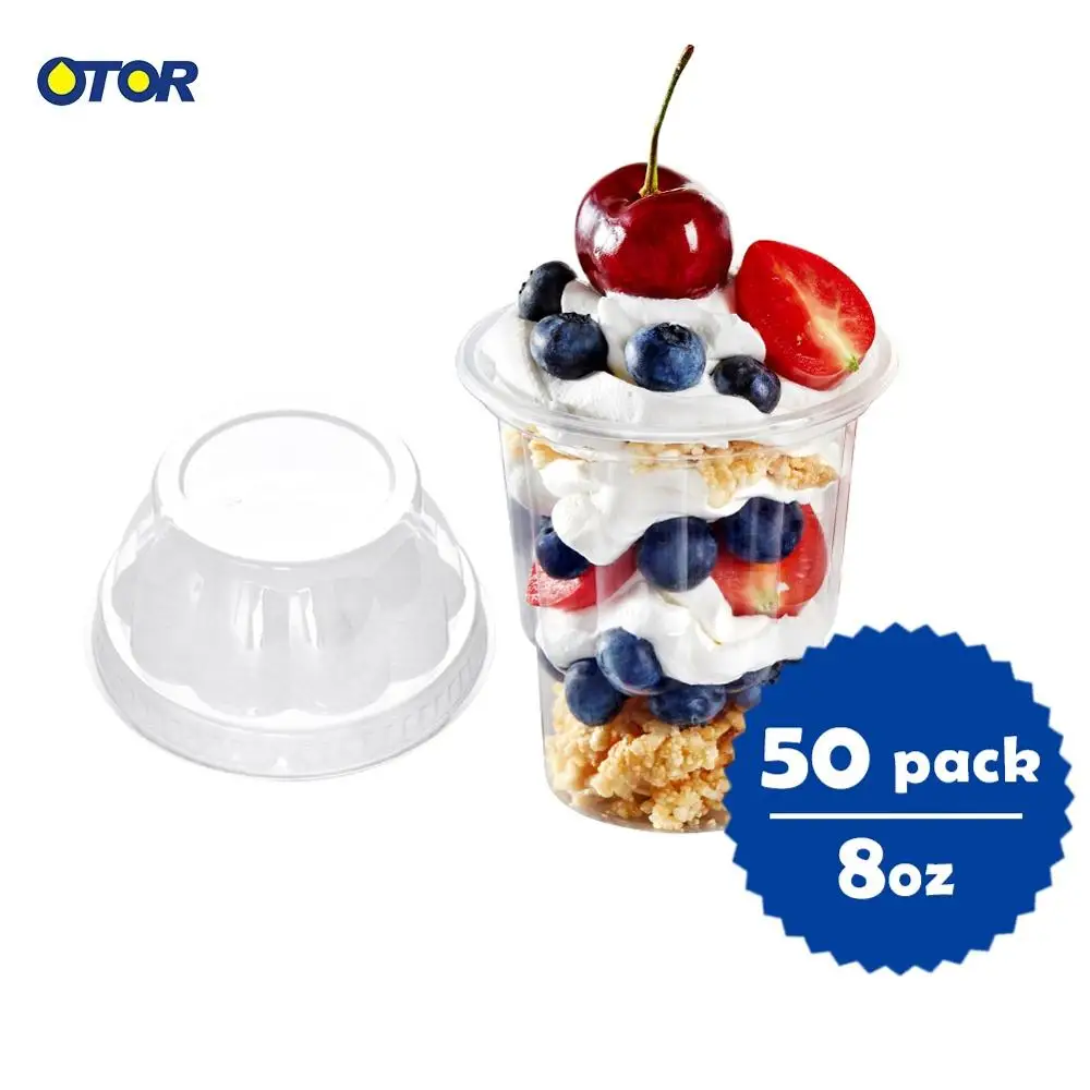 

OTOR 50PCS 8oz Disposable Plastic Ice Cream Sundae Cup with Lid for Dessert Shop Milk Shake Yogurt Smoothie Cup Summer Supplies
