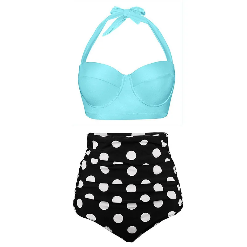 Günstige Frauen Badeanzüge Vintage Bandeau Push Up Polka Dot Plus Größe Badeanzüge Hohe Taille Bikini