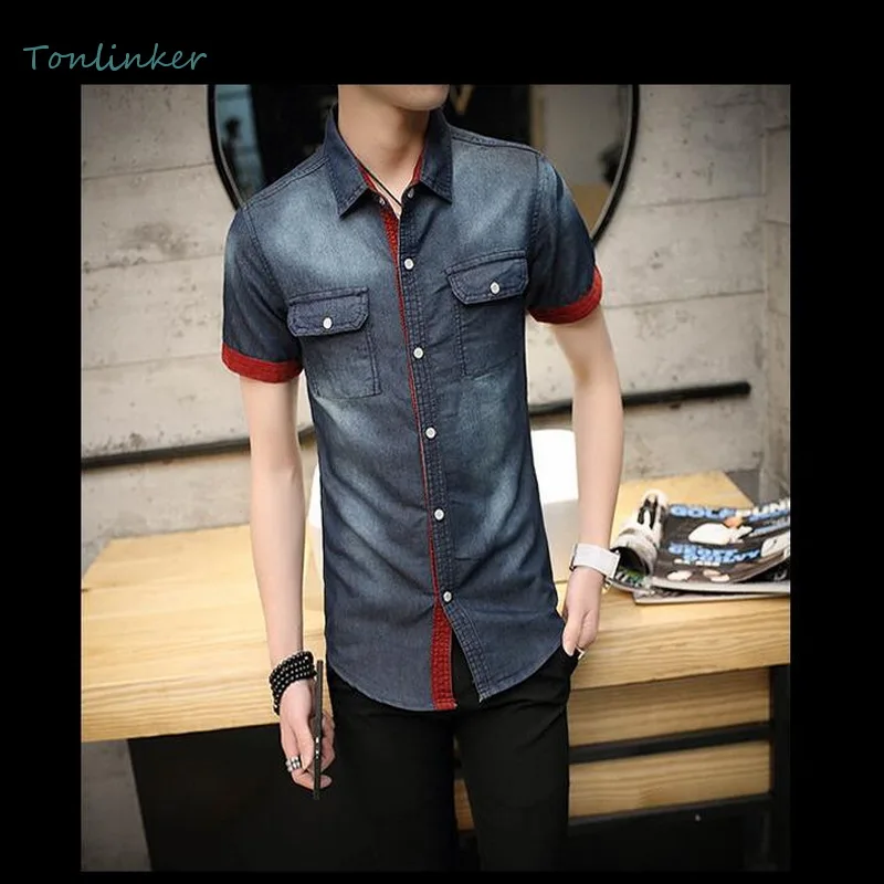 

Tonlinker 2018 New Men Fashion Shirt Summer Slim fit Cotton Short Sleeve Shirt Mens Casual Personality Shirts High Quality 1pc