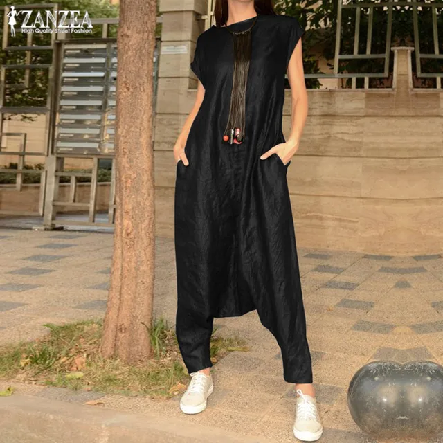 US $13.32 Women's Drop Crotch Jumpsuits 2020 ZANZEA Summer Cargo Pants Palazzo Overalls Playsuits Short Sleev