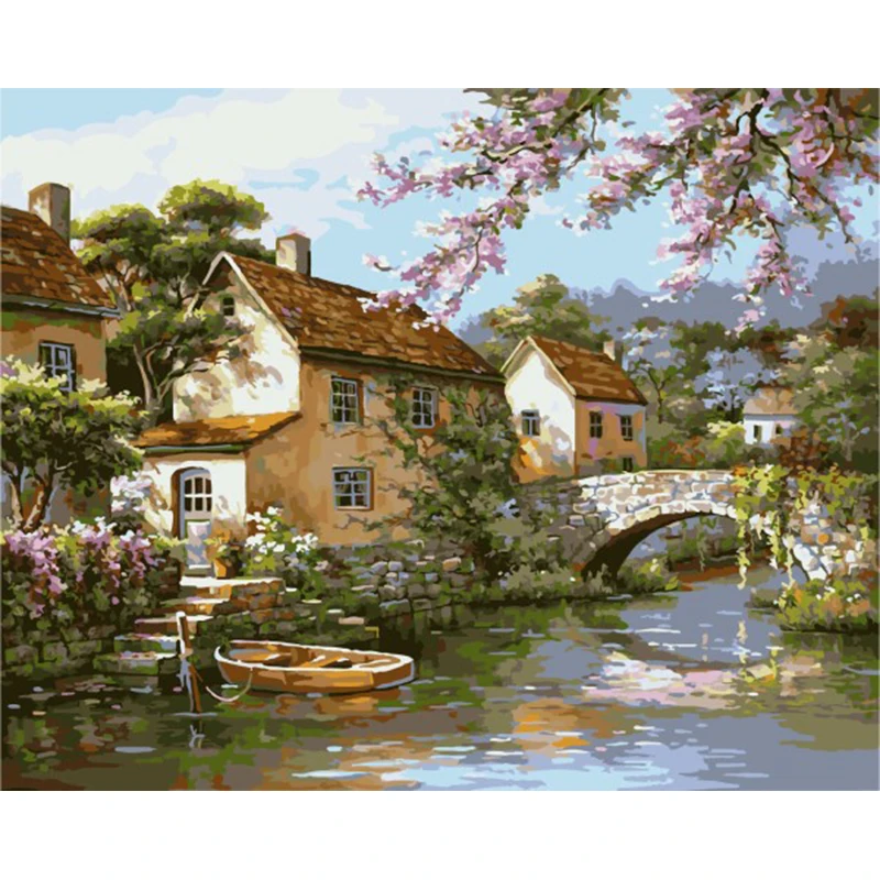 

Diy Oil Painting By Numbers Wall Decor Picture On Canvas Drawing Coloring By Number Music Monkey Oil Paint Of Nice Village