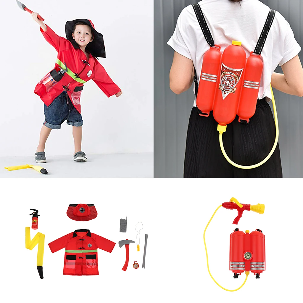 10pcs Fireman Dress Up Uniform Clothes Outfit Hat Walkie-talkie Kits w/ Fire Squirt Water For Children Fire Fighter Role Playing