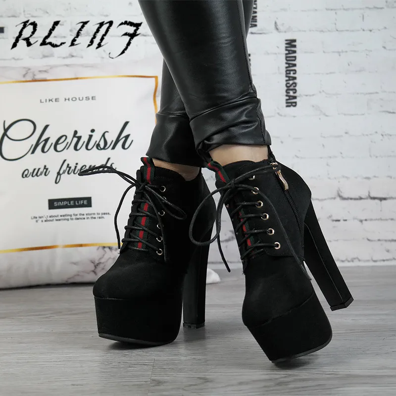 

RLINF New Thick with Super High Heel Tie Height 14cm Waterproof Platform 6cm Female Short Boots