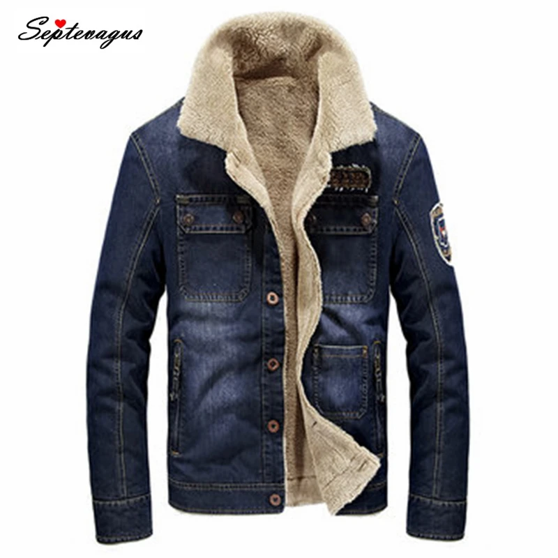 

Brand Winter Jackets for Men Mens Fleece Turn-down Denim Winter Jacket Multi-pocket Solid Color Casual Coat Men's Denim jacket