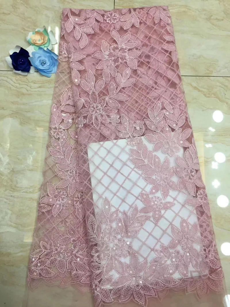 

(5yards/pc) pink African tulle lace fabric fancy embroidered French net lace fabric with sequins for party dress FZZ077