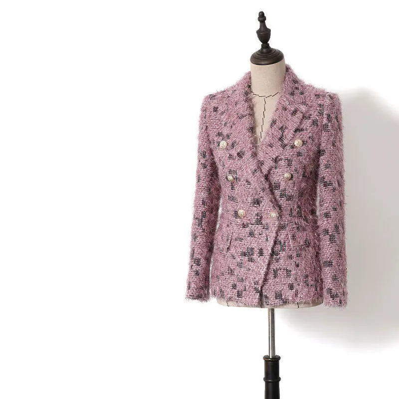 

OL Leopard Pink Fringe Tweed Blazers 2019 Spring Autumn Women Fashion Double Breasted Slim Coats Blazer Feminino Y027