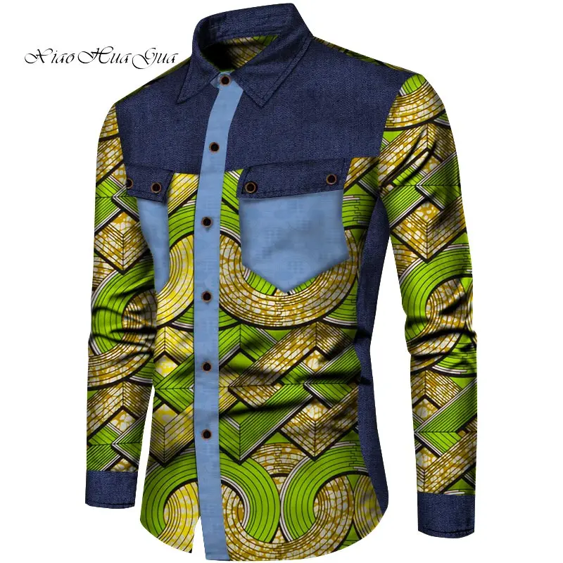 Африканская мужская одежда на заказ рубашки Анкара модный принт Лоскутная рубашка мужская с длинным рукавом Верхняя одежда WYN850