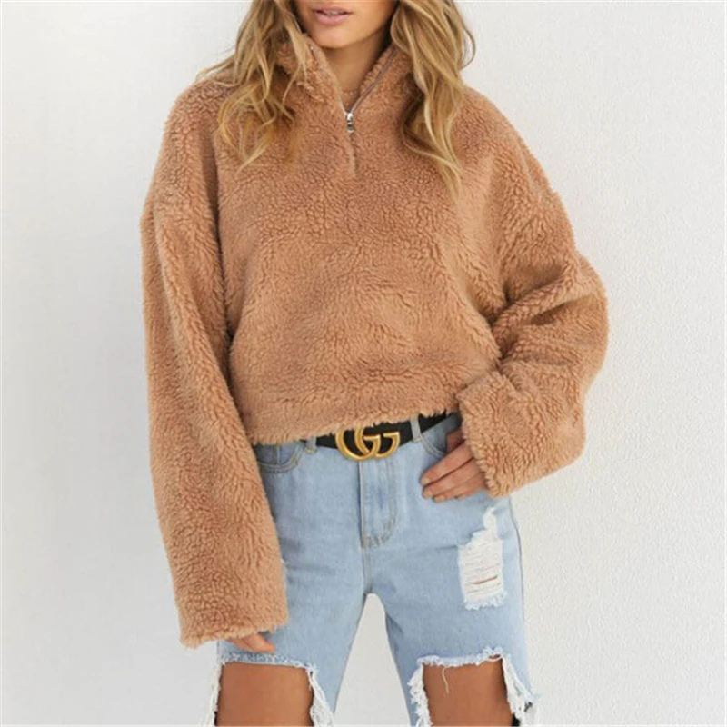 

Winter Warm Sweater Ladies Cotton Turtleneck Sweater Fluffy Pullover with Zipper Knit Sweater Women's Knit Sweater