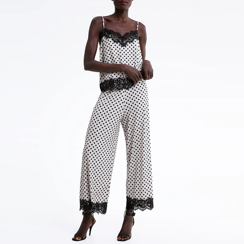 

New Women Polka Dot Camis Top Lace Patchwork Shirt Pants High Waist Wide Leg Trousers Comfy Sleepwear Sets XB9130 9231