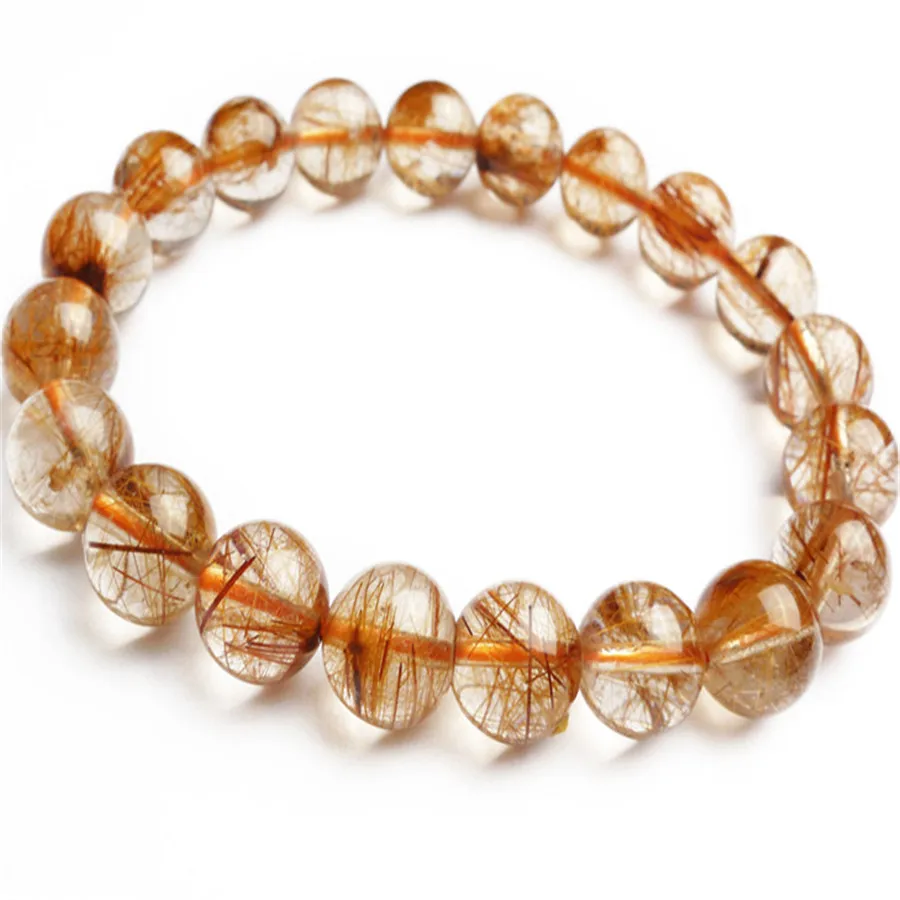 10mm Natural Genuine Copper Hair Rutilated Quartz Bracelet For Women Femme Transparent Round