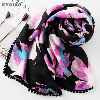 

KYQIAO women black scarf female autumn winter Japan style brand bohemian long black floral print head scarf muffler