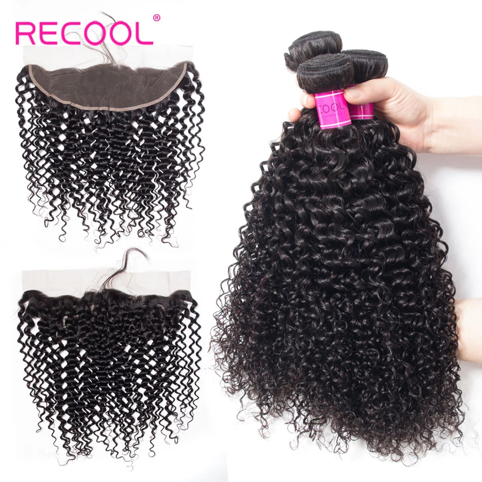 Recool вьющиеся волосы пряди с фронтальной 3 pcs бразильские волосы переплетения пряди с 13x4 застежка Волосы remy пряди с фронтальной