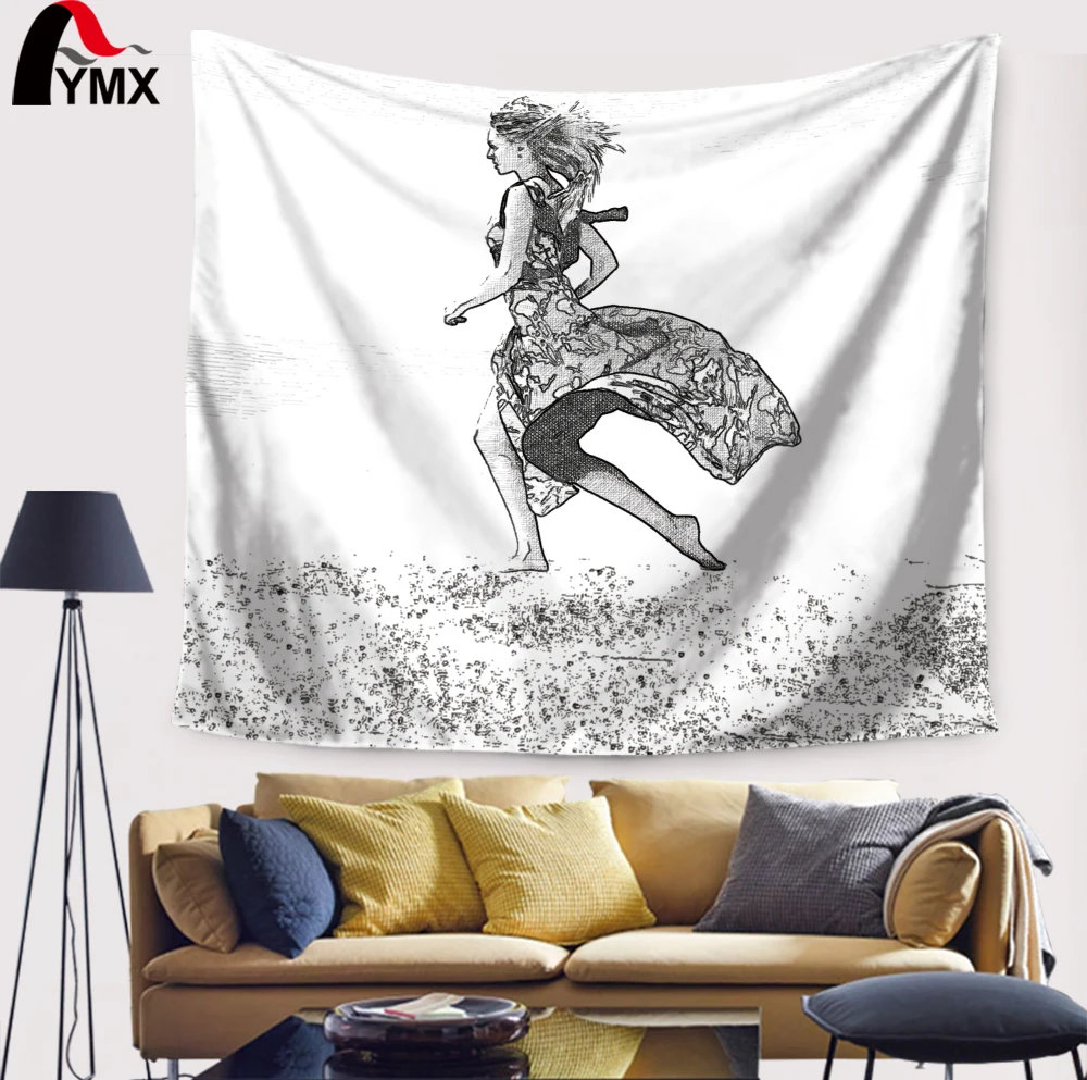 Simple White and Black Sketch Tapestry Hippie Wall Hanging India