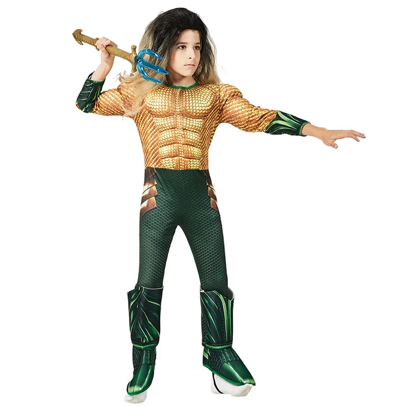 

Superhero Aquaman Muscle Dress Up Halloween Fancy Dress Children Muscle Cosplay Costume Bodysuit Halloween Costume Kids