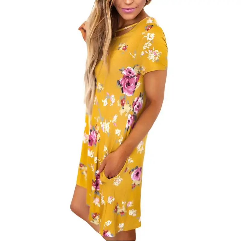 Dreszdi Summer Floral Printed Mini Dress Women Casual Flower Dress Loose A Line Ladies Short Printing Dress (7)