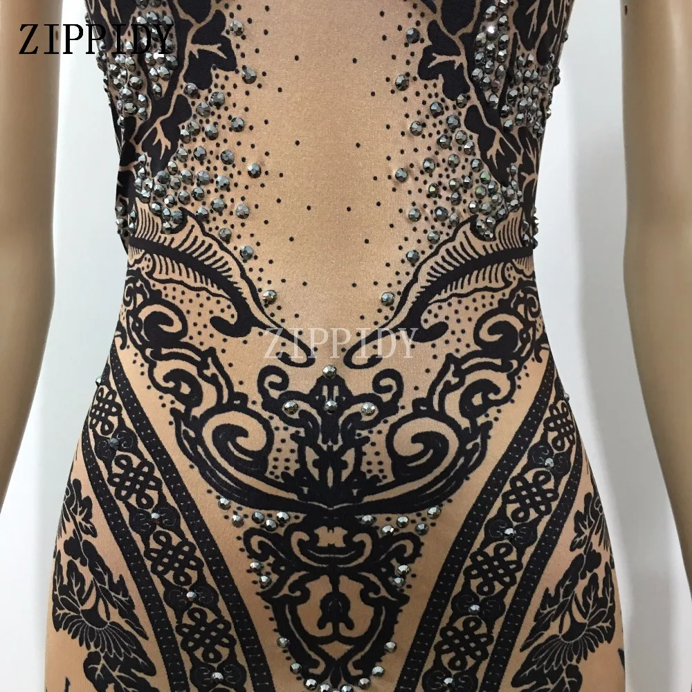 Fashion Sexy Flower Bamboo Pattern Printed Dress Bright Rhinestones Sexy Long Dress Nightclub Singer Costume Prom Show Clothes