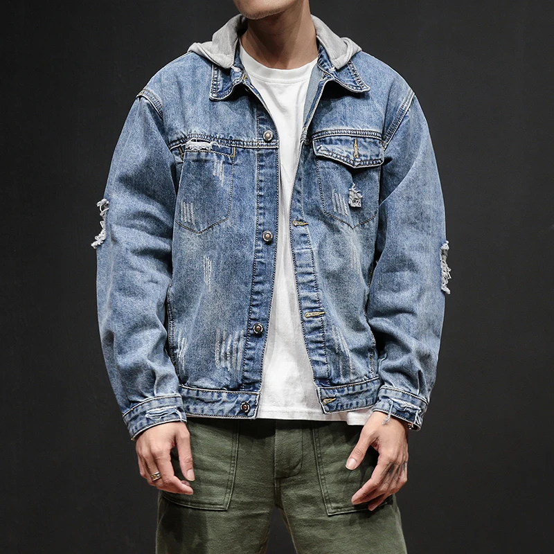 

Autumn Men's hooded denim jacket male trend fashion handsome blue Retro jean Coat clothing spring hole men casual jacket