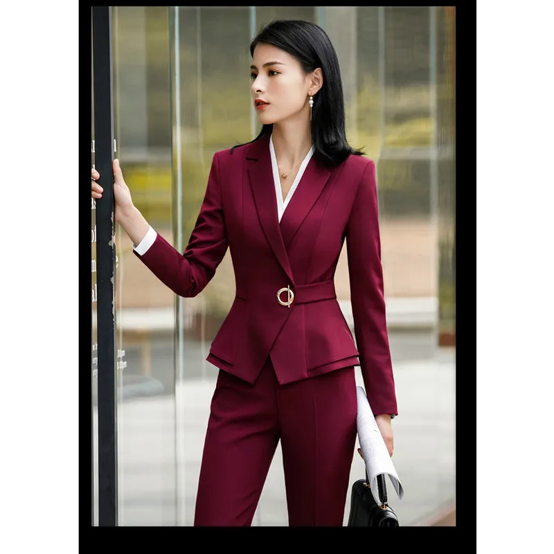 wine red pant suit Fmasuth элегантный женский костюм Офисная Женская юбка формальный гофрированный приталенный жакет+ юбка комплект из 2 предметов жакет юбка костюм 111YJE1882CS01 - Цвет: wine red pant suit