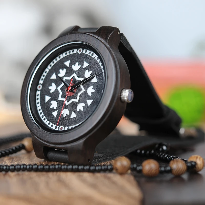 BOBO BIRD Ebony Wooden Timepieces Watch Men UV Priting Dial Face Soft Leather Band Quartz Mens Watches Top Luxury OEM W-J14