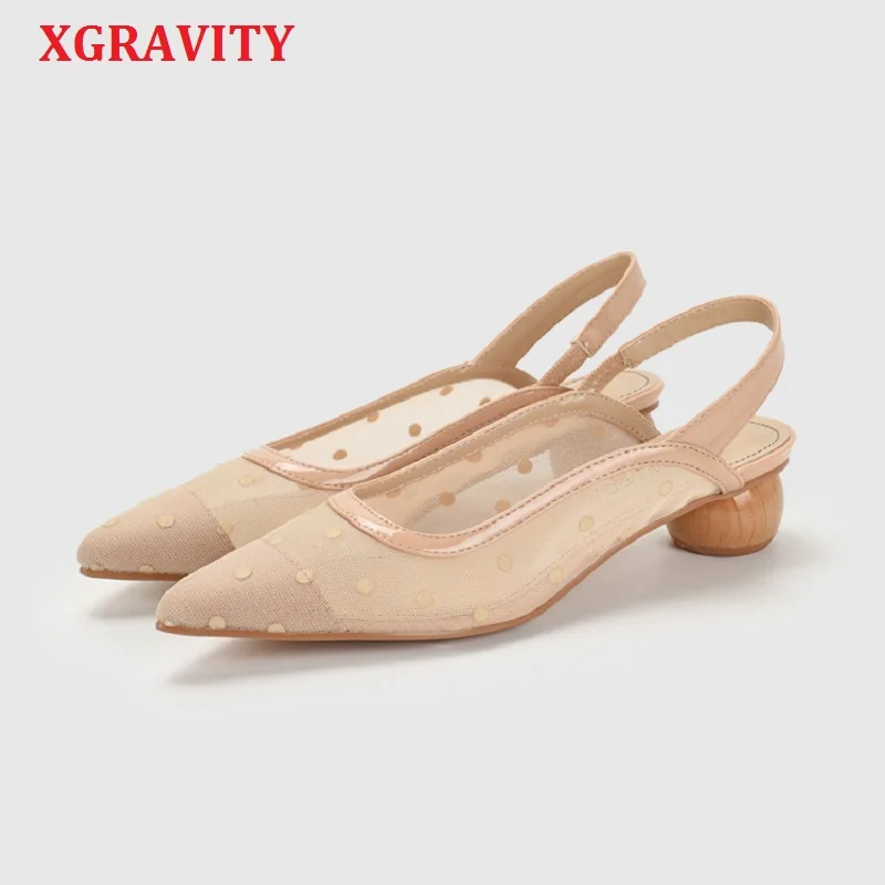 

XGRAVITY Sandals Mesh All Matched Spot Design Pointed Toe Sexy Dress Shoe Ladies Summer Women High Heel Strange Heel Pumps A145