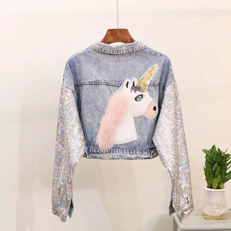 

Big size Fashion Design Punk Style Women Spring Jeans Jacket Coat Sequins Sleeve Women Denim Jacket Coat Crop Tops Denim Coats