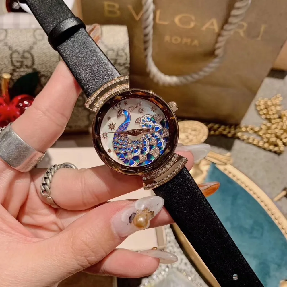 Святая белая женская элегантная принцесса павлин часы ручной работы Эмаль часы с Фениксом животное наручные часы кристаллы кожа Montre 3Bar