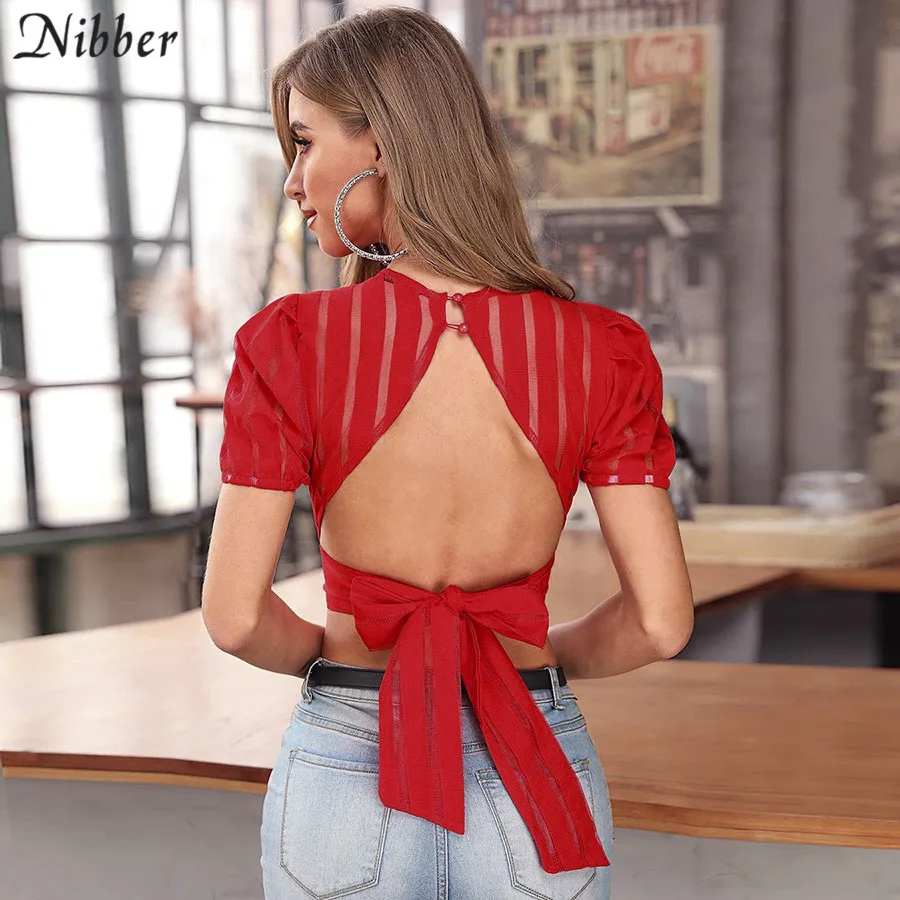 

Nibber sexy hollow backless see-through crop tops womens T-shirt 2019summer Fashion club party wear ladies short sleeve teeshirt