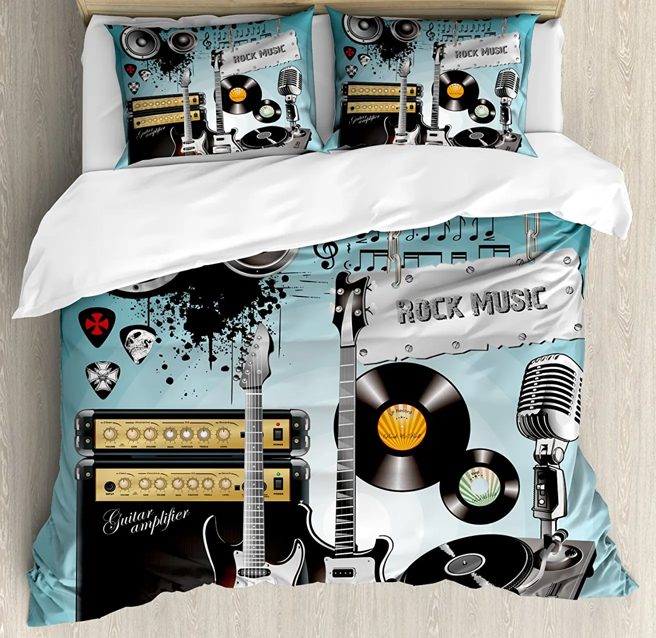 

Duvet Cover Set , Concert Pattern Guitars and Records with Giant Speakers Ornamental Arrangement, 4 Piece Bedding Set