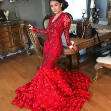 Со сверкающими блестками красные платья Русалка 3D Цветочный Поезд выпускного вечера с длинными рукавами сексуальное v-образным вырезом большого размера в африканском стиле платье на выпускной вечер
