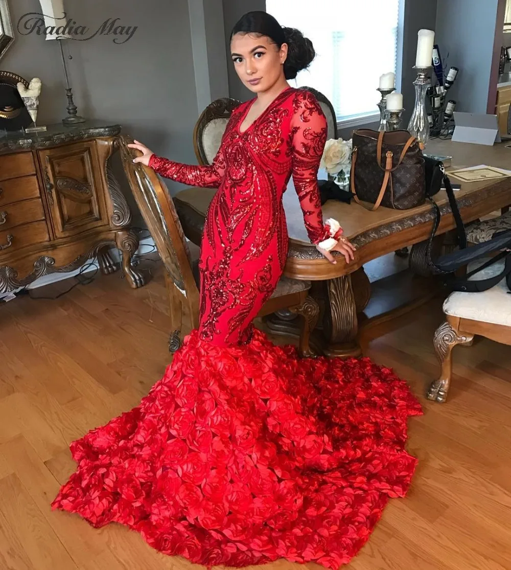 

2019 Sparkly Sequin Red Mermaid 3D Floral Train Prom Dresses Long Sleeves Sexy V-Neck Plus Size African Graduation Party Dress