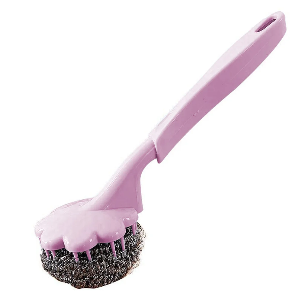 Длинная ручка кухонная очистка и удлинение ручка щетка сковорода ручка проволока из нержавеющей стали шарик для кухни спальни чистящие инструменты - Цвет: Pink