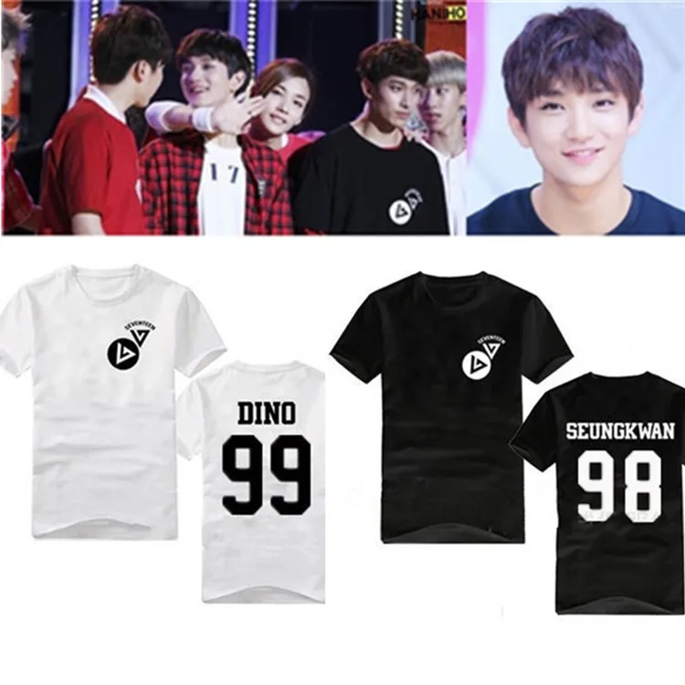 2016 kpop韓国スターSEVENTEEN17 tシャツ半袖黒白い服k,ポップセブンティーン17.