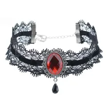 Стильное Кружевное колье бархатная лента винно-красные акриловые камни воротник кристалл кулон ожерелье для очаровательных женщин