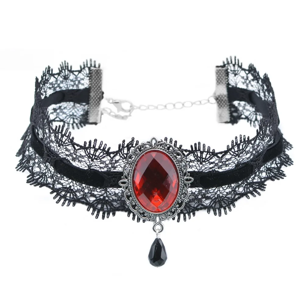 

Stylish Lace Choker Velvet Ribbon Wine Red Acrylic Stones Collar Crystal Pendant Necklace for Charm Women