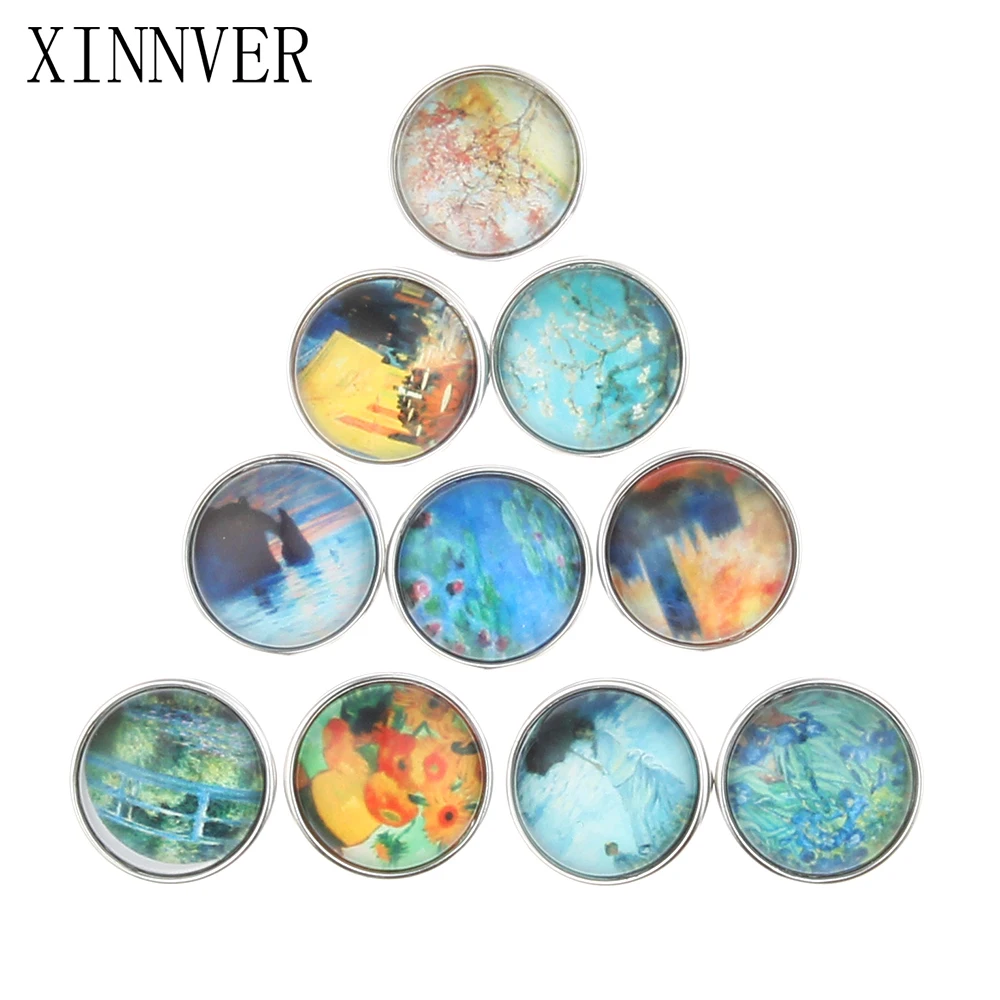 

10Pcs/lot Mixed Colors Exotic Art Oil Painting 18mm Glass Snap Button Jewelry Fit Snap Bracelet Xinnver Snaps Jewelry ZB702