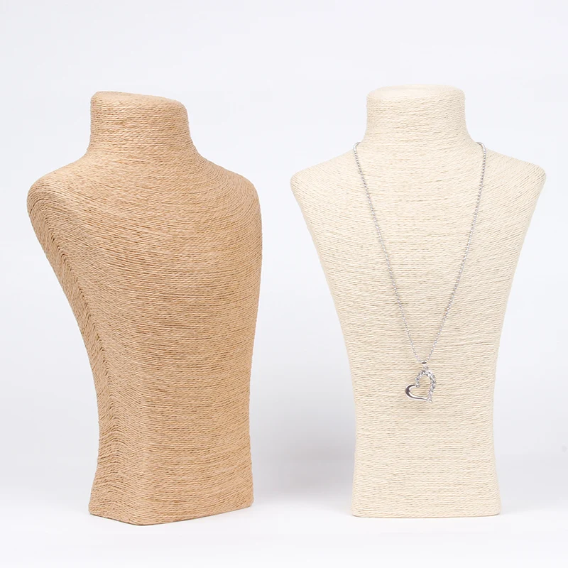 Wholesale Necklace Pendant Linen Burlap Chain Link Jewelry Bust Display Stand Holder 36cm Hin