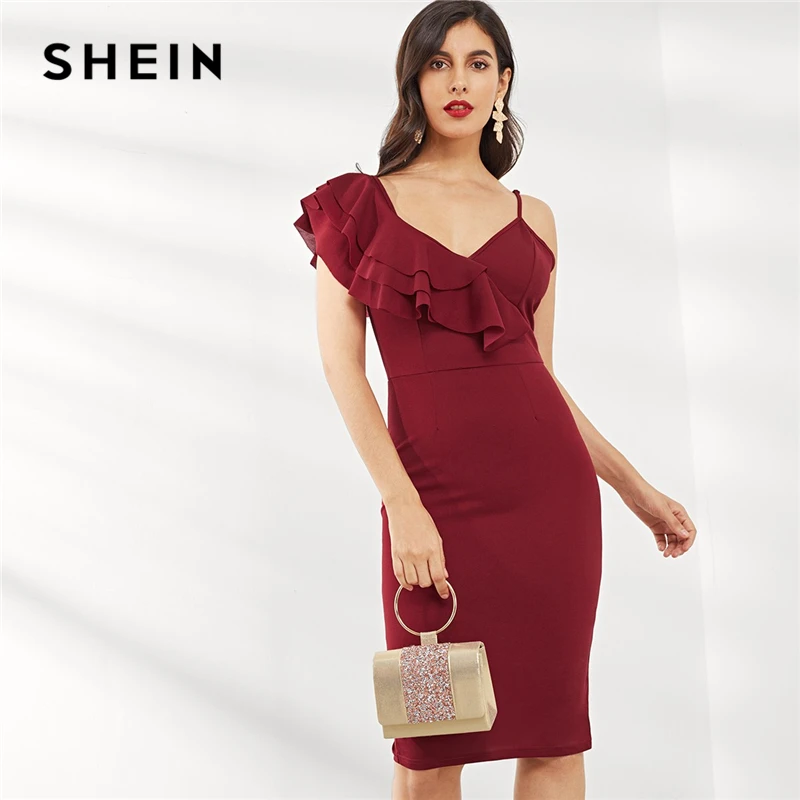 Buy SHEIN Burgundy Going Out Layered Flounce Trim