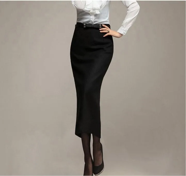 Woolen high waist ol slim long pencil skirt in Skirts