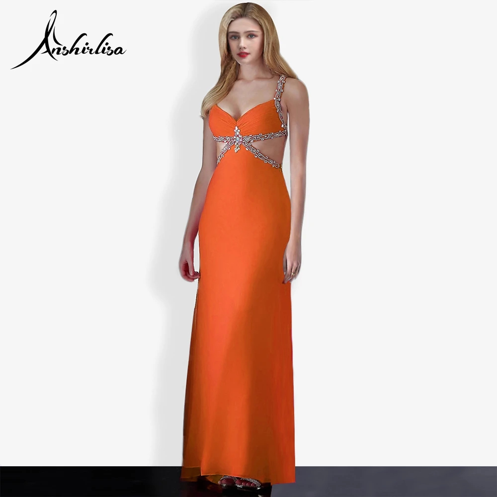 

Anshirlisa Women's Backless Long Evening Dress Beading Spaghetti Strap Sexy Elegant Empire Prom Party Gathering Dance Gala Gown