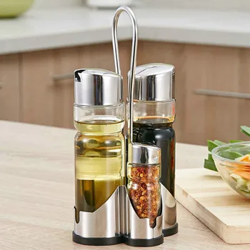 

4PCS/SET 304 stainless steel glass cruet cans home kitchen restaurant soy sauce vinegar wine bottle set ZP12151758
