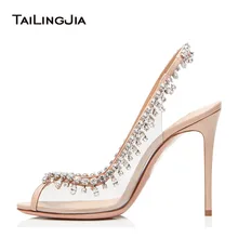 Nude Heeled Ladies Stiletto Heels Crystal Gorgeous Slingbacks Wedding Peep Toe Transparent PVC Pumps Women High Heel Clear Shoes