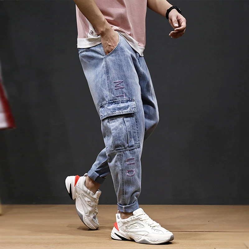 

Fashion Streetwear Men Jeans Light Blue Big Pocket Cargo Pants Loose Fit Spring Summer Style Hip Hop Jeans Men Harem Pants Homme